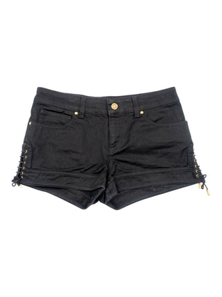 Black Cotton Denim Hot Pants with Side Lacing and Gold Tone Hardware