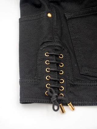 Black Cotton Denim Hot Pants with Side Lacing and Gold Tone Hardware