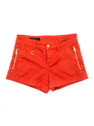 Orange Cotton Denim Mini Shorts with Zip-up Side Pockets in Gold Tone Hardware