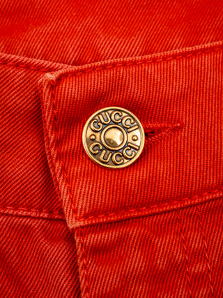 Orange Cotton Denim Mini Shorts with Zip-up Side Pockets in Gold Tone Hardware