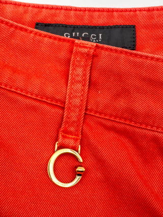 Orange Cotton Denim Mini Shorts with Zip-up Side Pockets in Gold Tone Hardware