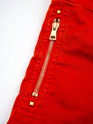 Orange Cotton Denim Mini Shorts with Zip-up Side Pockets in Gold Tone Hardware