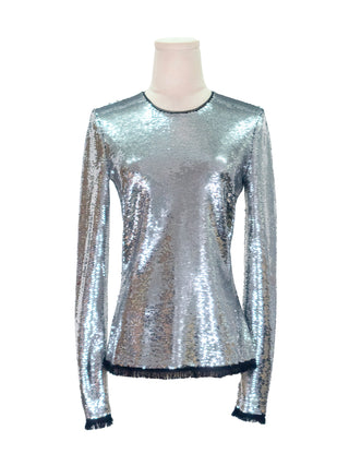 Silver Sequined Long Sleeve Top with Black Frayed Edges