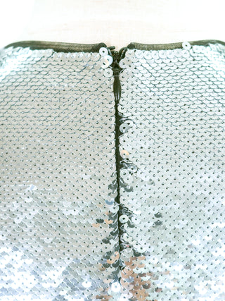 Silver Sequined Long Sleeve Top with Black Frayed Edges