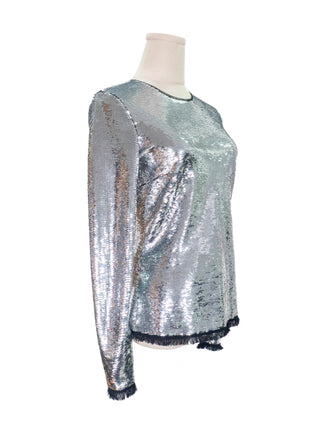 Silver Sequined Long Sleeve Top with Black Frayed Edges