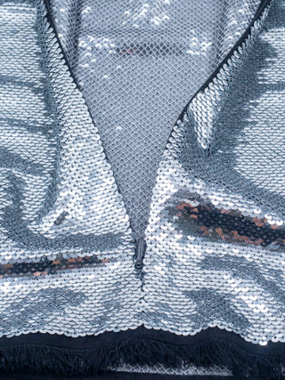 Silver Sequined Long Sleeve Top with Black Frayed Edges