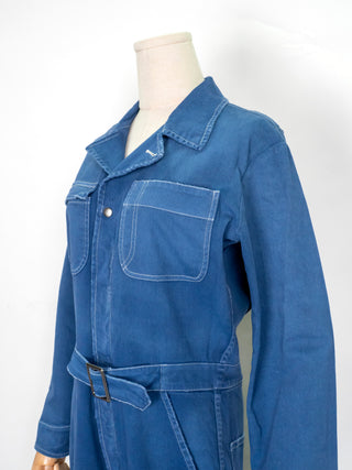 Blue Cotton Twilled Jumpsuits with Bird Print on Rear Leg