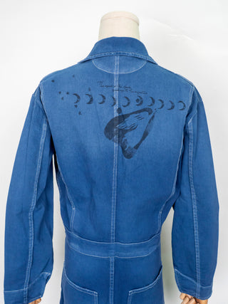 Blue Cotton Twilled Jumpsuits with Bird Print on Rear Leg