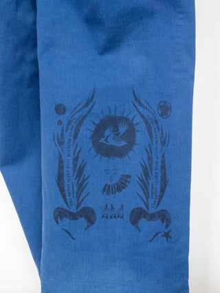 Blue Cotton Twilled Jumpsuits with Bird Print on Rear Leg