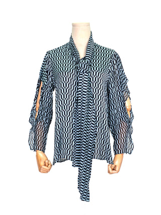 Black and Grey Geometric Printed Silk Shirt with Neck Wrap