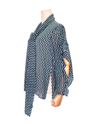 Black and Grey Geometric Printed Silk Shirt with Neck Wrap