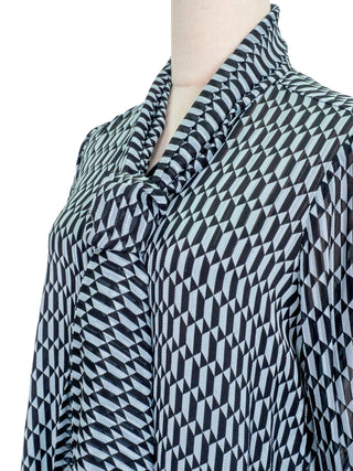Black and Grey Geometric Printed Silk Shirt with Neck Wrap