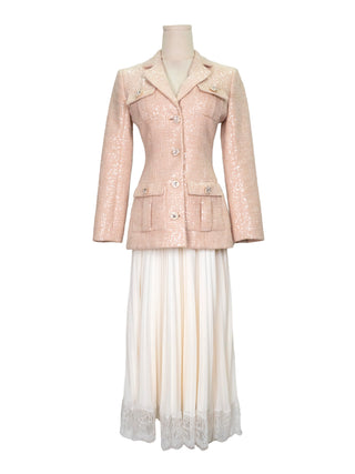 Peach Sequined Blazer Top with Attached Long Pleated Skirt with Lace Trims
