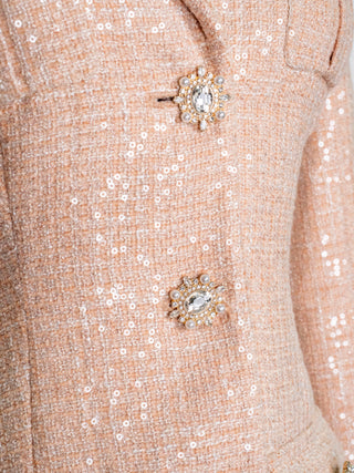 Peach Sequined Blazer Top with Attached Long Pleated Skirt with Lace Trims