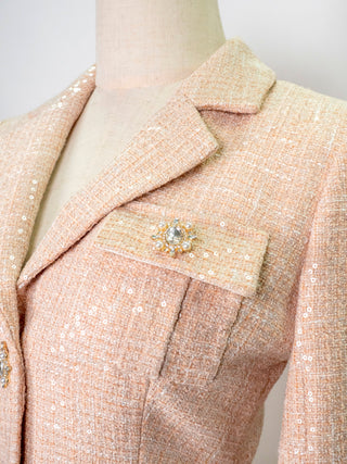 Peach Sequined Blazer Top with Attached Long Pleated Skirt with Lace Trims