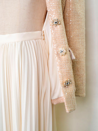 Peach Sequined Blazer Top with Attached Long Pleated Skirt with Lace Trims