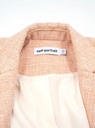 Peach Sequined Blazer Top with Attached Long Pleated Skirt with Lace Trims