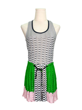 Black and White Geometric Print Jumpsuit with Green and Pink Patches on Side