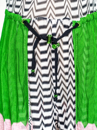 Black and White Geometric Print Jumpsuit with Green and Pink Patches on Side