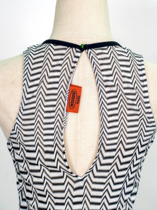 Black and White Geometric Print Jumpsuit with Green and Pink Patches on Side