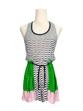 Black and White Geometric Print Jumpsuit with Green and Pink Patches on Side
