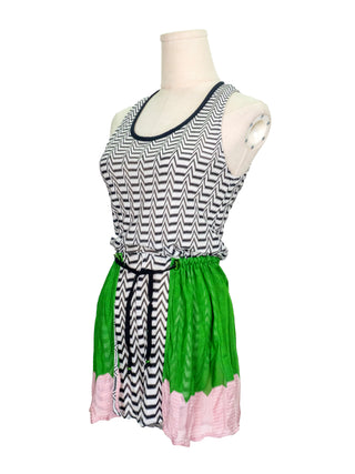 Black and White Geometric Print Jumpsuit with Green and Pink Patches on Side