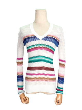 White V-neck Knitted Pullover with Multicolor Mixed Patterns