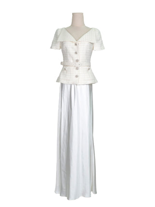 Cream Open Neck Short Sleeve Jacket Dress with Satin-like Long Skirt