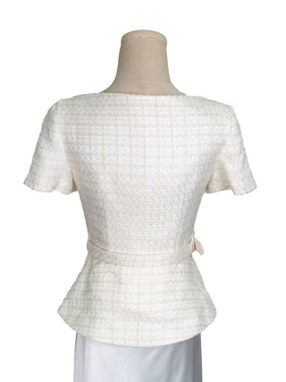 Cream Open Neck Short Sleeve Jacket Dress with Satin-like Long Skirt