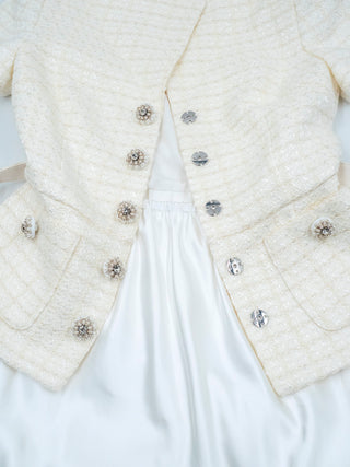 Cream Open Neck Short Sleeve Jacket Dress with Satin-like Long Skirt