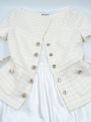 Cream Open Neck Short Sleeve Jacket Dress with Satin-like Long Skirt