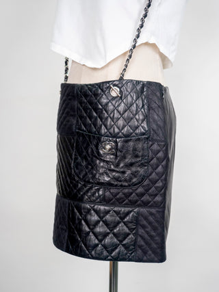 Black Quilted Lambskin Skirt With Chain Suspenders