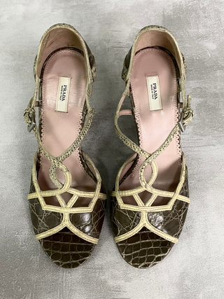 Brown 95mm Open Toe High Heels With Beige Straps