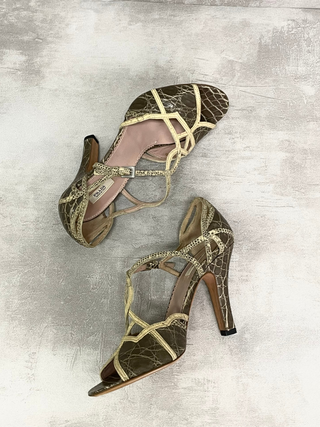 Brown 95mm Open Toe High Heels With Beige Straps