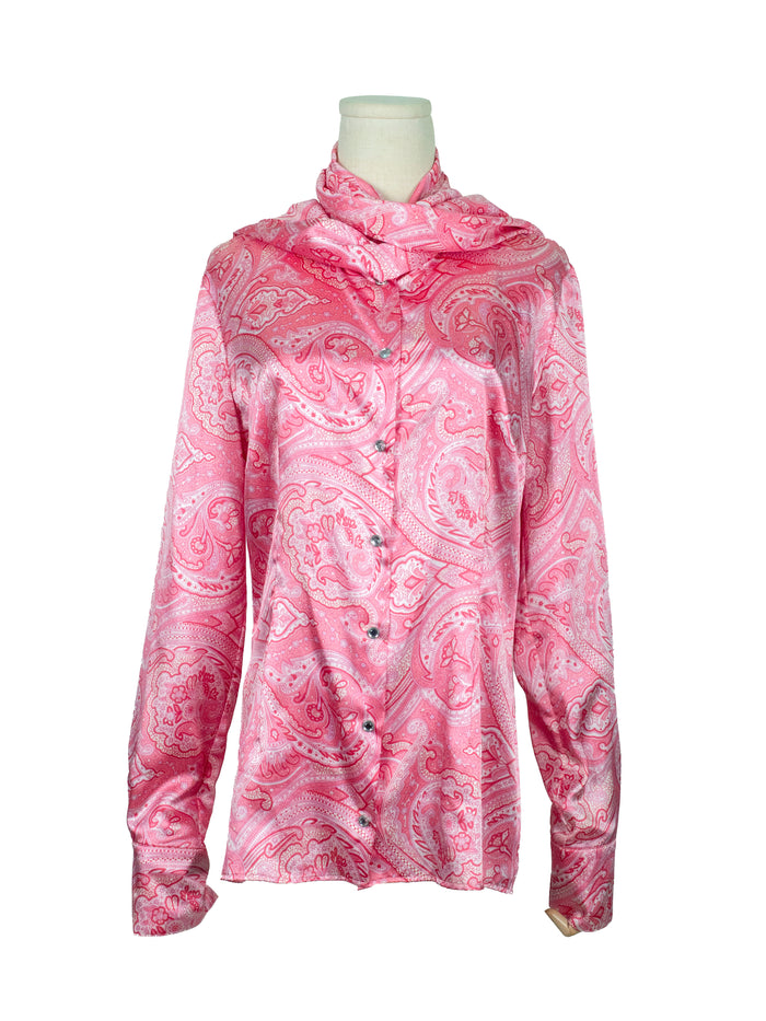 Pink Paisley Long Sleeves Shirt with Crystallized Snap Buttons and Neck Wrap