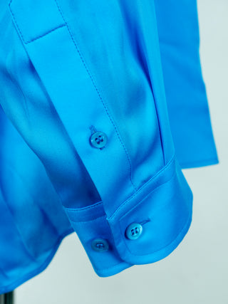 Blue Silk Long Shirt with Logo Front and Back
