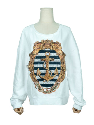 White Cotton Sweatshirt with Crystallized Anchor Print on the Front