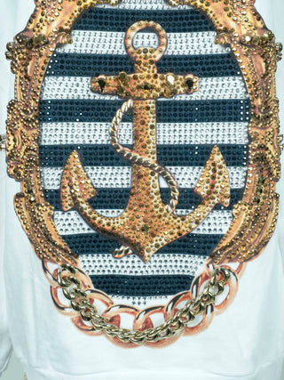 White Cotton Sweatshirt with Crystallized Anchor Print on the Front