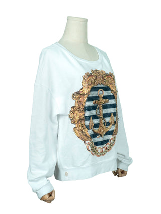 White Cotton Sweatshirt with Crystallized Anchor Print on the Front
