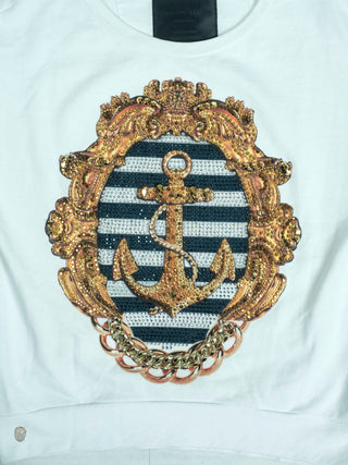 White Cotton Sweatshirt with Crystallized Anchor Print on the Front