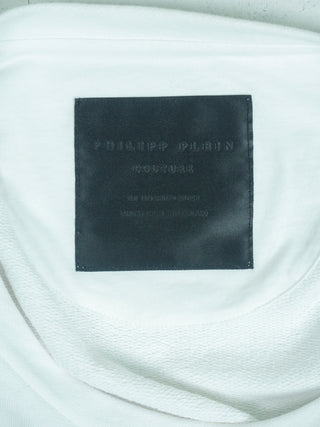 White Cotton Sweatshirt with Crystallized Anchor Print on the Front