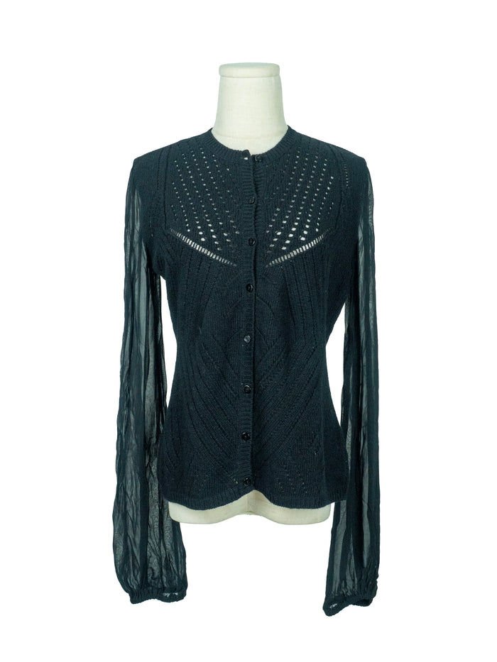 Black Wool Cardigan with Sheer Sleeves