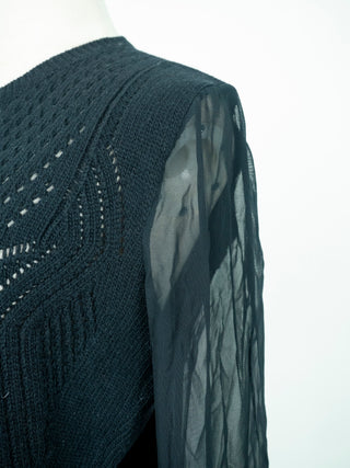 Black Wool Cardigan with Sheer Sleeves