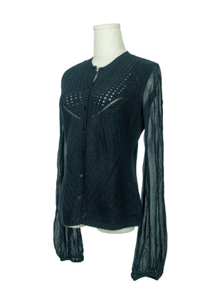 Black Wool Cardigan with Sheer Sleeves