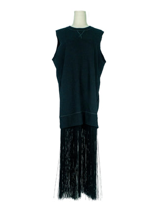Black Cotton Sleeveless Dress with Fringe Ends