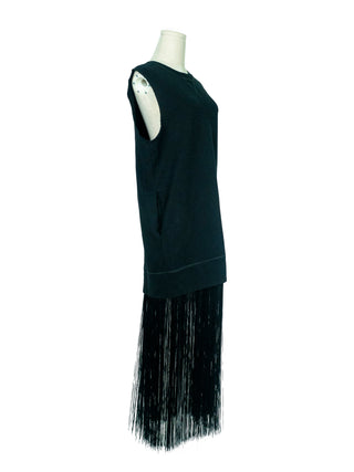 Black Cotton Sleeveless Dress with Fringe Ends