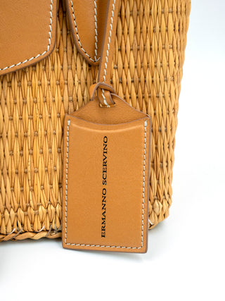 Woven Tote Bag with Leather Handle and a Logo Embossed Luggage Tag