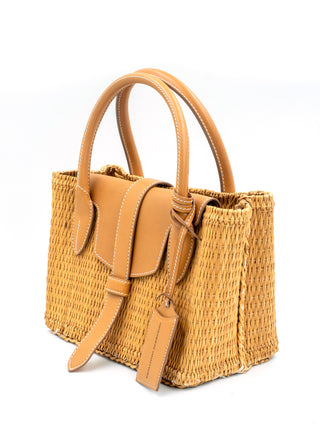 Woven Tote Bag with Leather Handle and a Logo Embossed Luggage Tag