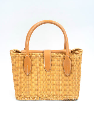 Woven Tote Bag with Leather Handle and a Logo Embossed Luggage Tag