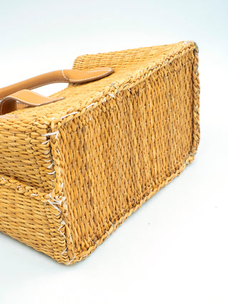 Woven Tote Bag with Leather Handle and a Logo Embossed Luggage Tag
